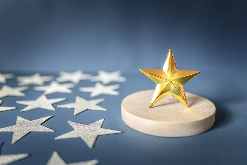 Gold star sitting on a wooden circle with several silver stars placed next to it and a blue background