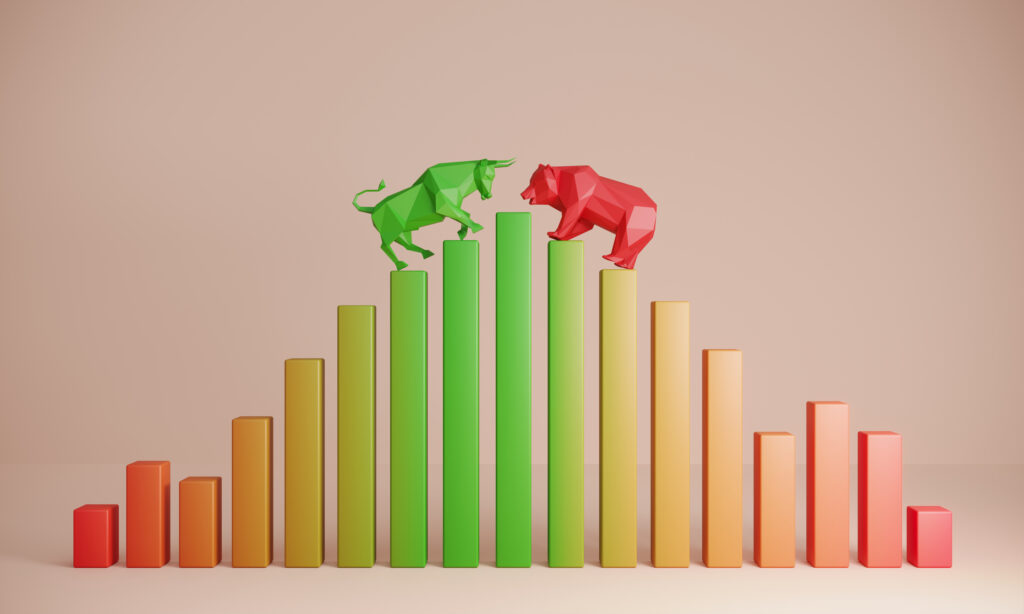 green bull red bear atop rising green red yellow bar chart