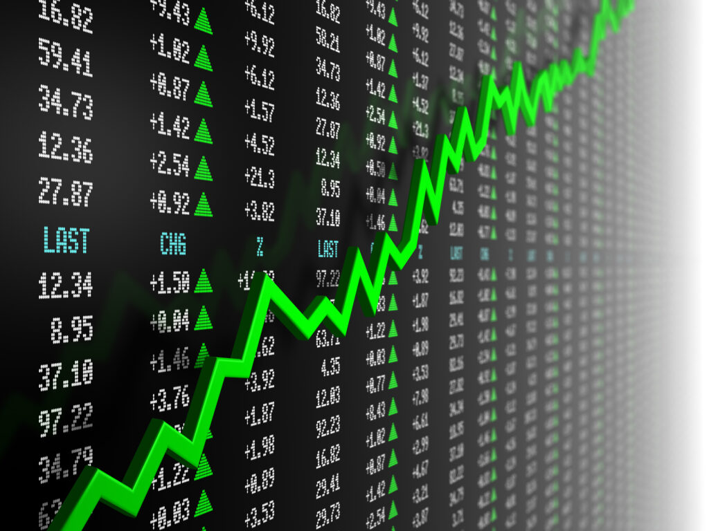 stock market ticker chart with choppy green line going up