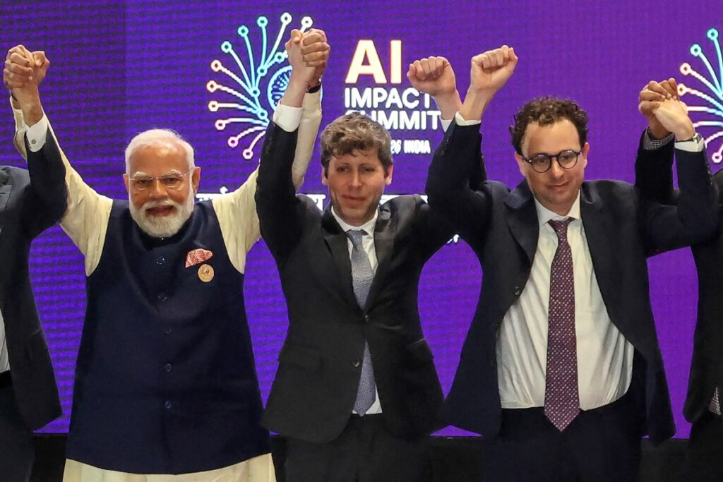 Altman and Amodei share a moment of awkwardness at India’s big AI summit India's Prime Minister Narendra Modi (L) takes a group photo with AI company leaders including OpenAI CEO Sam Altman (C) and Anthropic CEO Dario Amodei (R) at the AI Impact Summit in New Delhi on February 19, 2026.