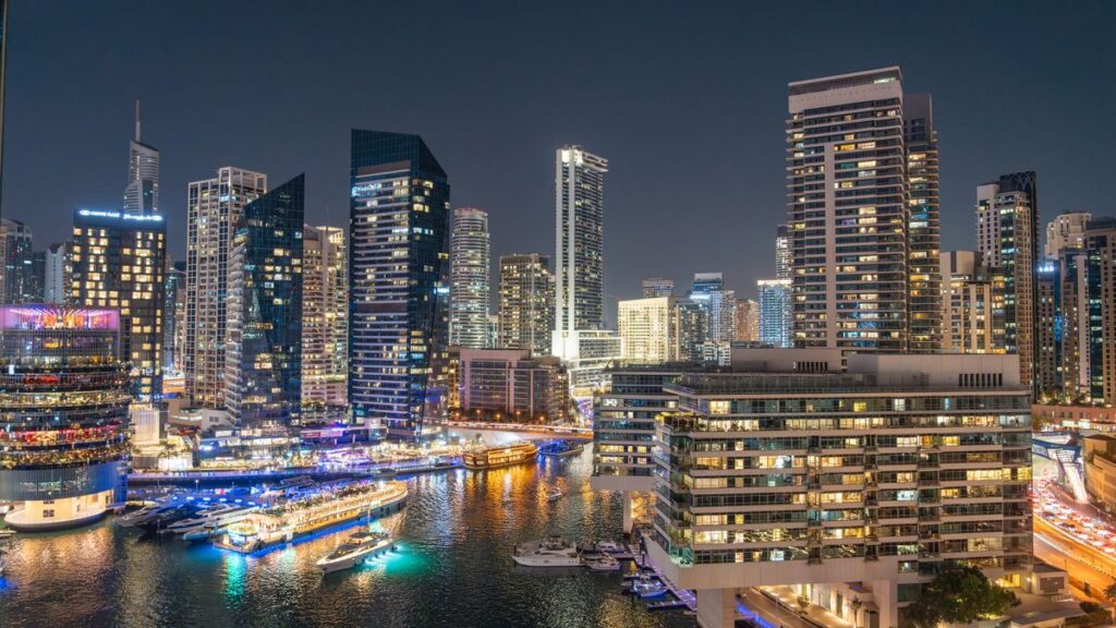 Dubai Marina at night, reflecting the cost of living in Dubai