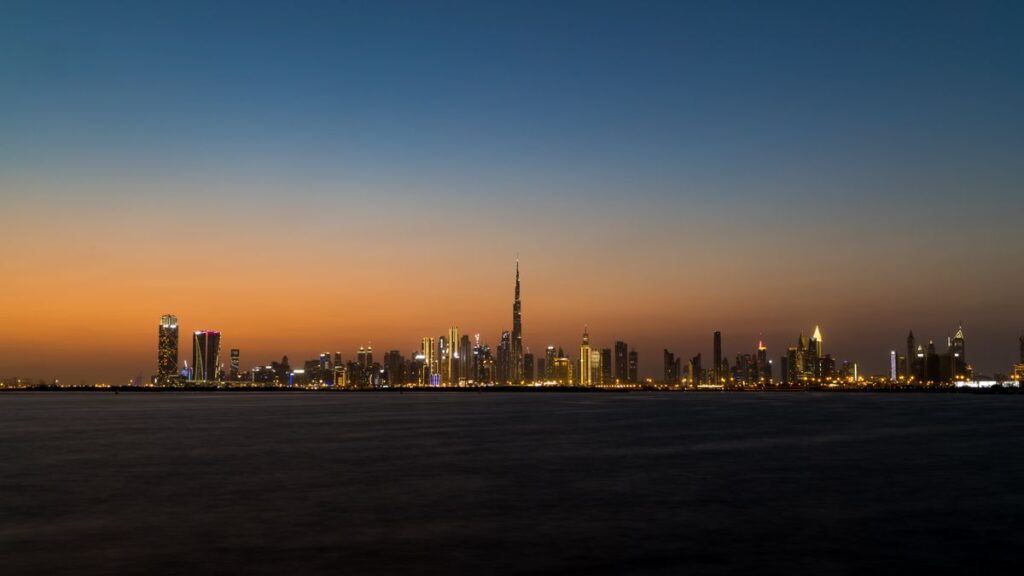 Dubai skyline at twilight with the Burj Khalifa