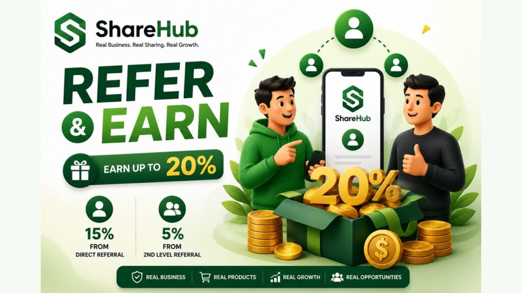 ShareHub Refer and Earn: How the 15% + 5% Referral Program Pays Up to 20% in USDT ShareHub refer and earn referral program, earn up to 20 percent, 15 percent direct and 5 percent level 2