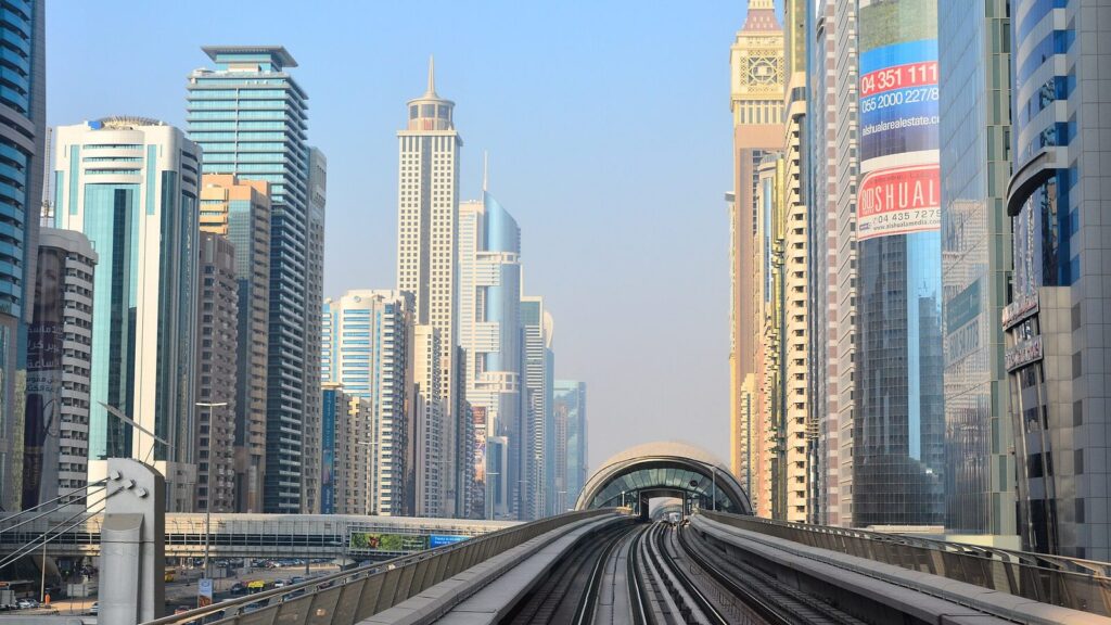 Office towers along Sheikh Zayed Road in Dubai, seen from the Dubai Metro